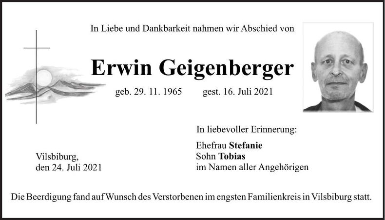 Traueranzeige Erwin Geigenberger