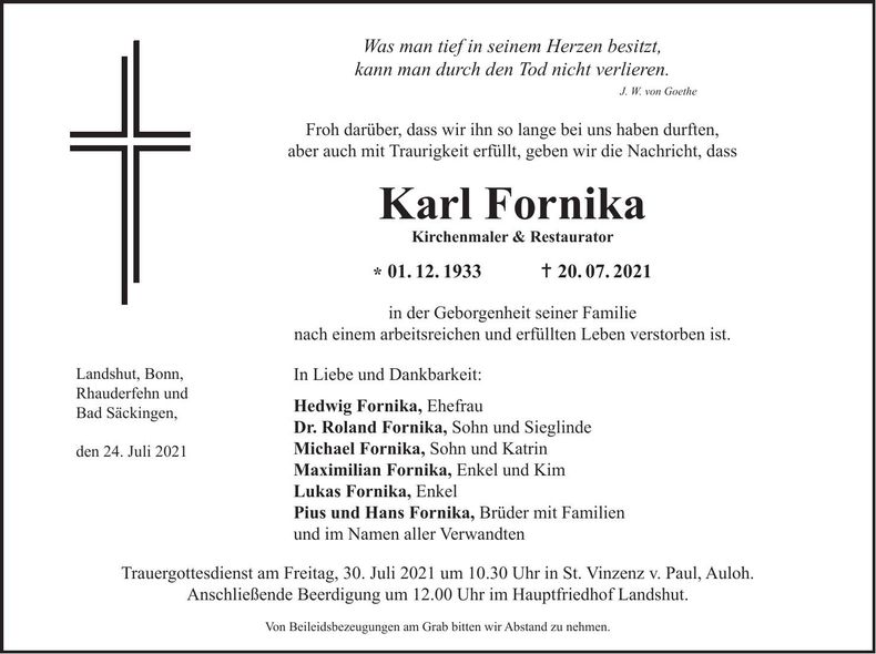 Traueranzeige Karl Fornika