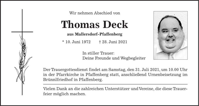 Traueranzeige Thomas Deck