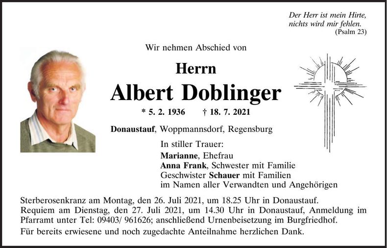Traueranzeige Albert Doblinger