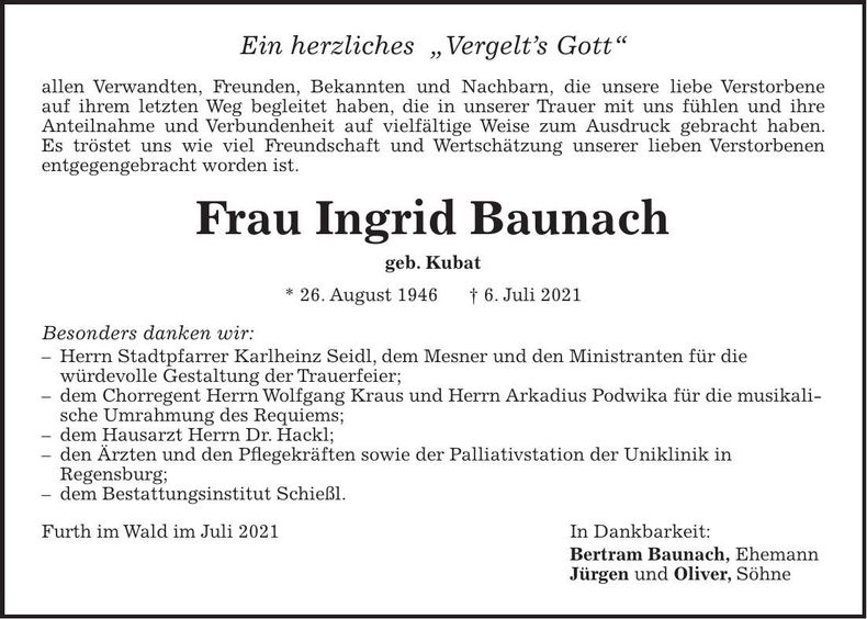 Traueranzeige Ingrid Baunach