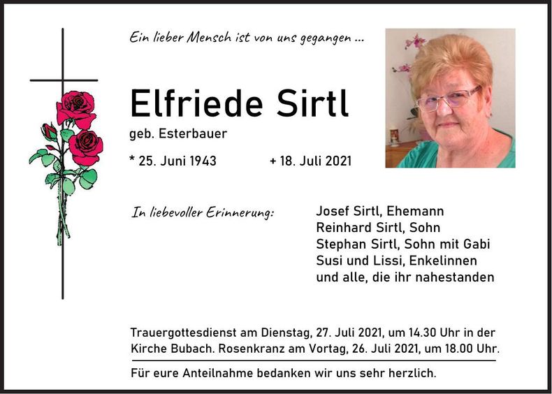 Traueranzeige Elfriede Sirtl