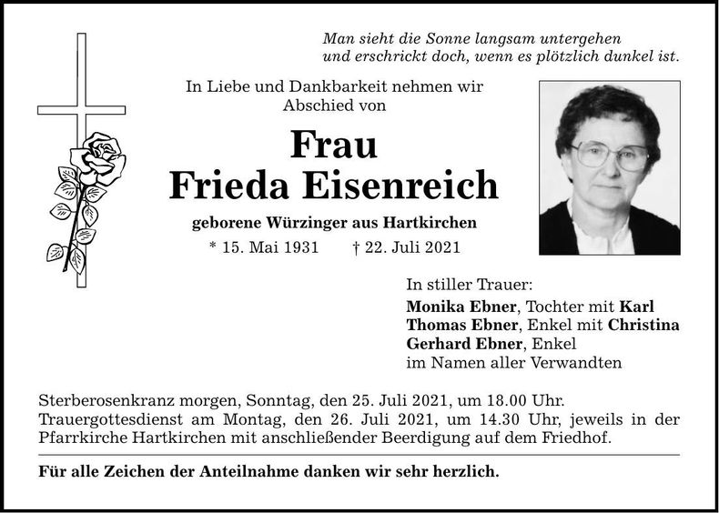 Traueranzeige Frieda Eisenreich