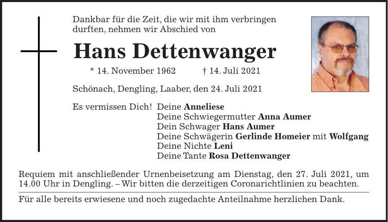 Traueranzeige Hans Dettenwanger