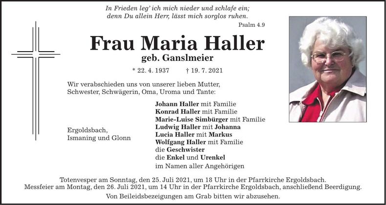 Traueranzeige Maria Haller