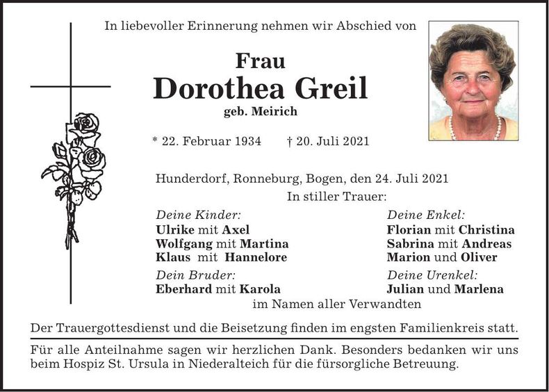 Traueranzeige Dorothea Greil