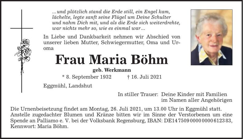 Traueranzeige Maria Böhm