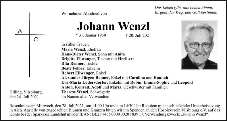 Traueranzeige Johann Wenzl