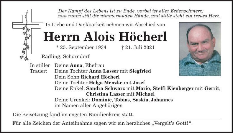 Traueranzeige Alois Höcherl