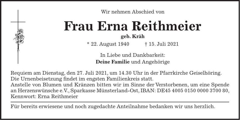 Traueranzeige Erna Reithmeier