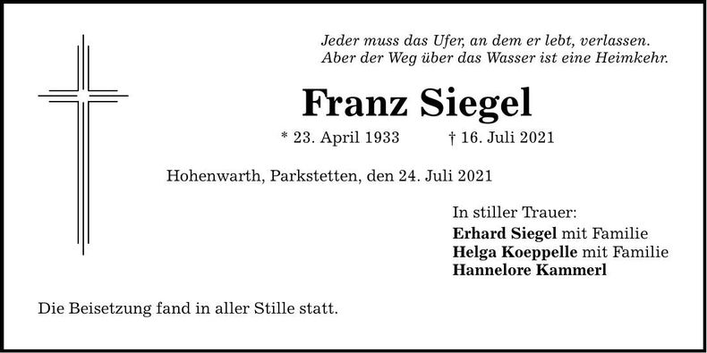 Traueranzeige Franz Siegel