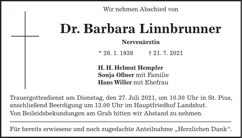 Traueranzeige Barbara Dr. Linnbrunner