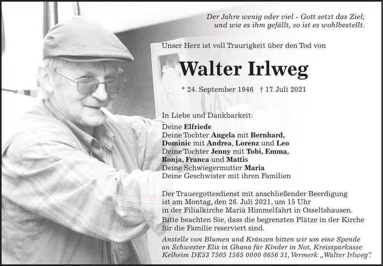 Traueranzeige Walter Irlweg