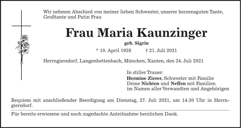 Traueranzeige Maria Kaunzinger