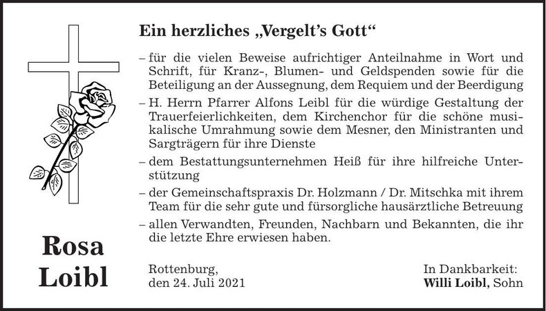 Traueranzeige Rosa Loibl