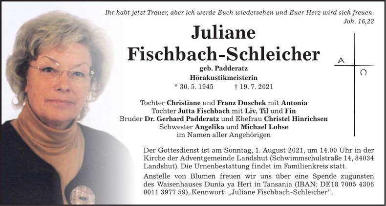 Traueranzeige Juliane Fischbach-Schleicher