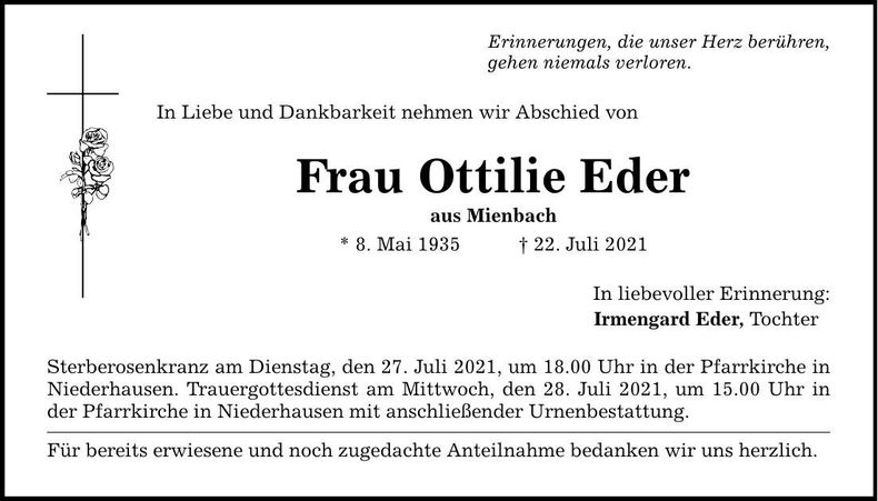 Traueranzeige Ottilie Eder