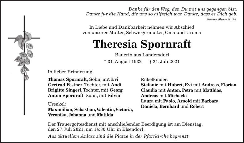 Traueranzeige Theresia Spornraft