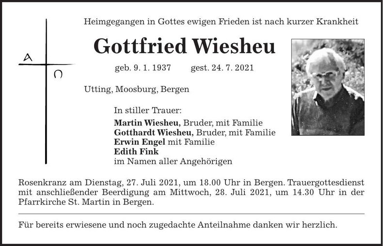 Traueranzeige Gottfried Wiesheu