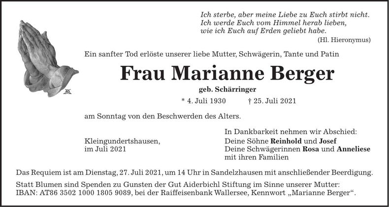 Traueranzeige Marianne Berger