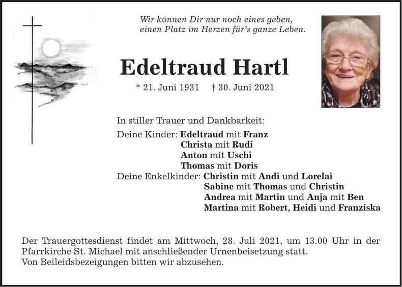 Traueranzeige Edeltraud Hartl