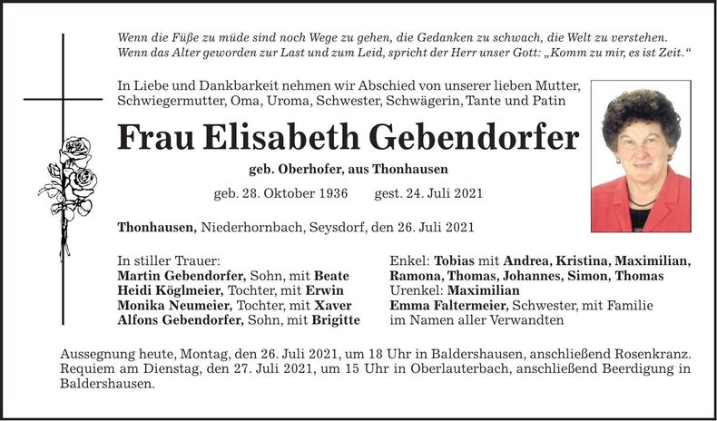 Traueranzeige Elisabeth Gebendorfer