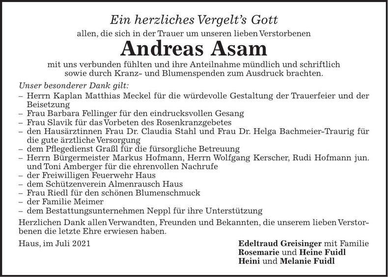 Traueranzeige Andreas Asam