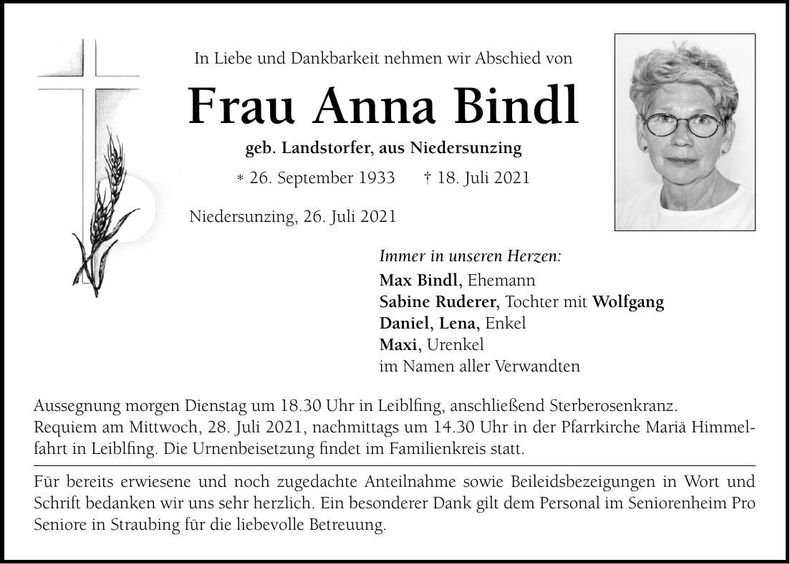 Traueranzeige Anna Bindl