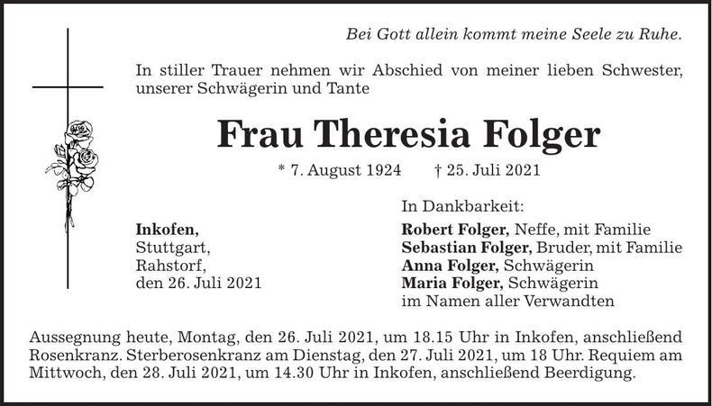 Traueranzeige Theresia Folger