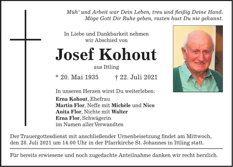 Traueranzeige Josef Kohout