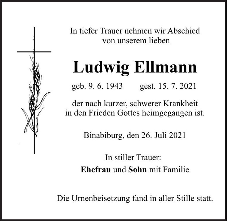 Traueranzeige Ludwig Ellmann