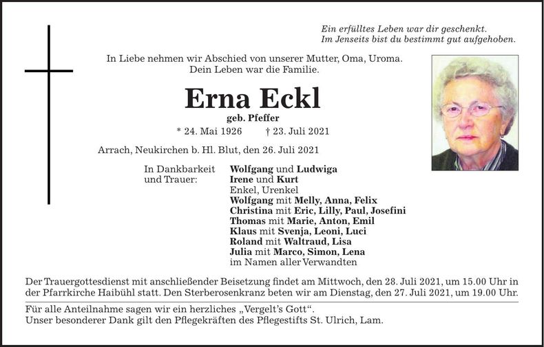 Traueranzeige Erna Eckl