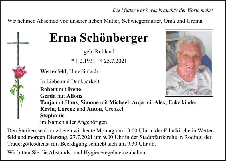 Traueranzeige Erna Schönberger