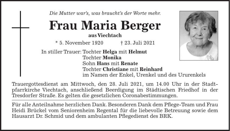 Traueranzeige Maria Berger
