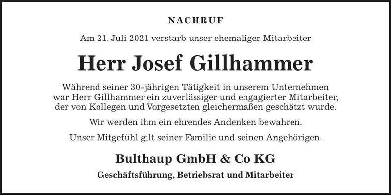 Traueranzeige Josef Gillhammer