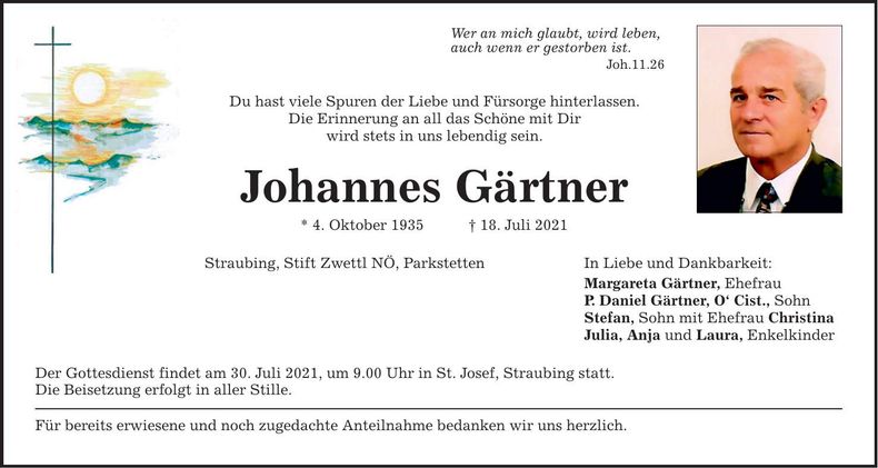 Traueranzeige Johannes Gärtner