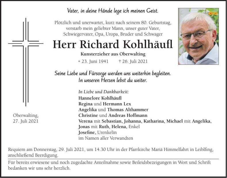 Traueranzeige Richard Kohlhäufl