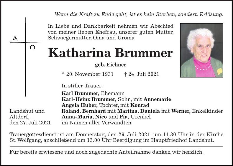 Traueranzeige Katharina Brummer