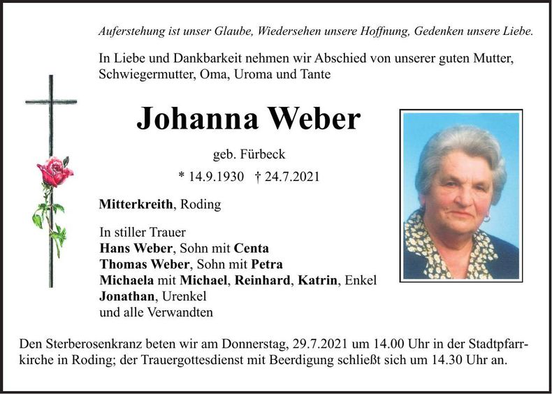Traueranzeige Johanna Weber