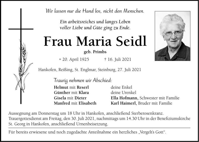 Traueranzeige Maria Seidl