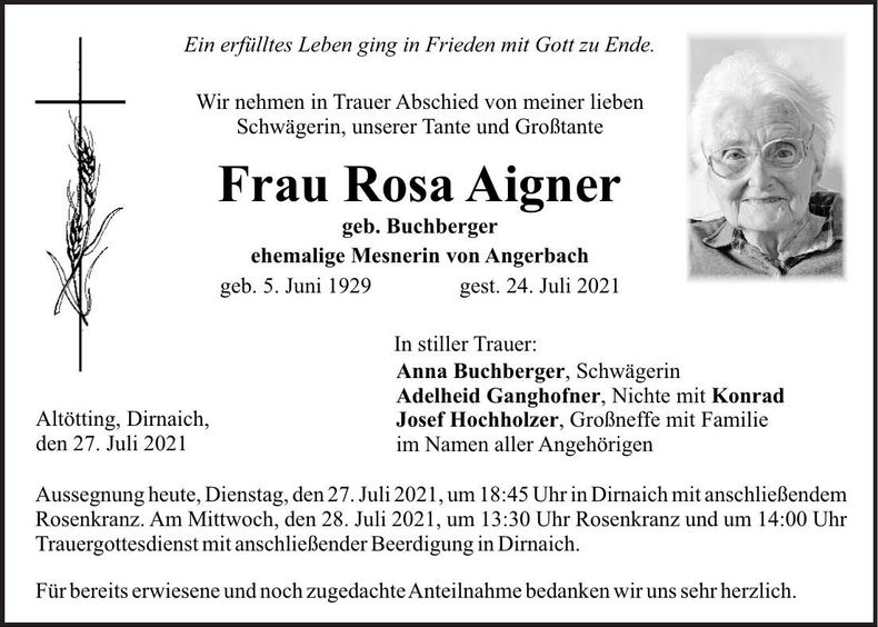 Traueranzeige Rosa Aigner