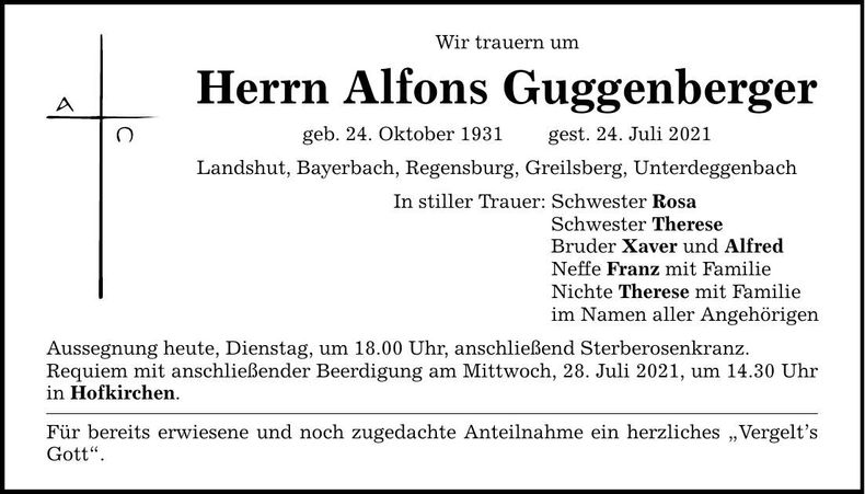 Traueranzeige Alfons Guggenberger