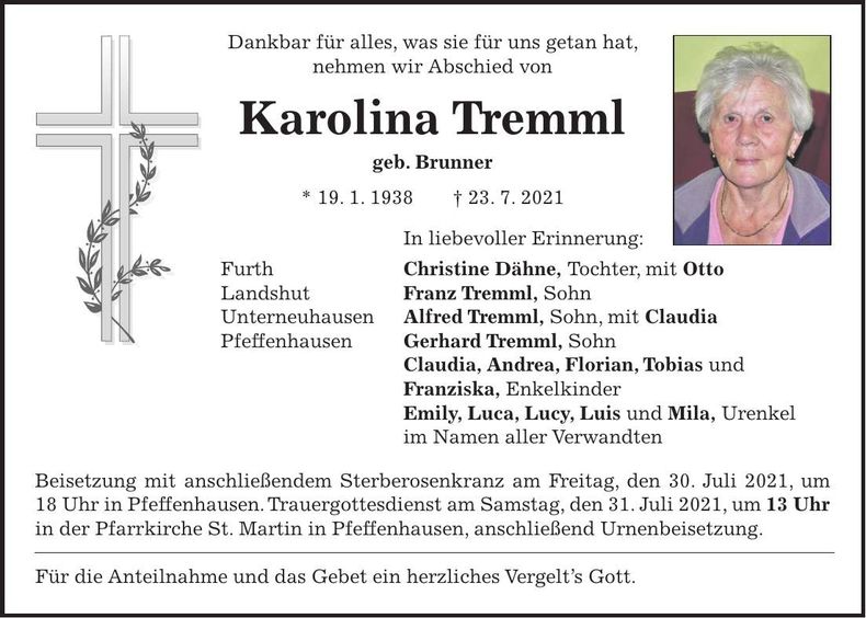 Traueranzeige Karolina Tremml