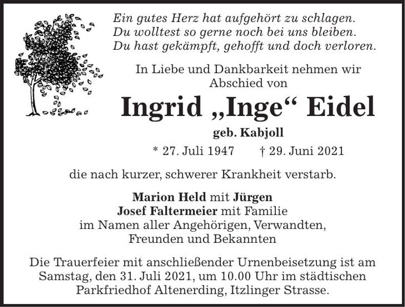 Traueranzeige Ingrid Eidel