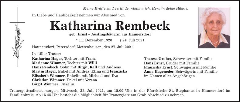 Traueranzeige Katharina Rembeck