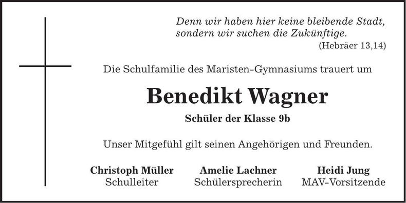 Traueranzeige Benedikt Wagner
