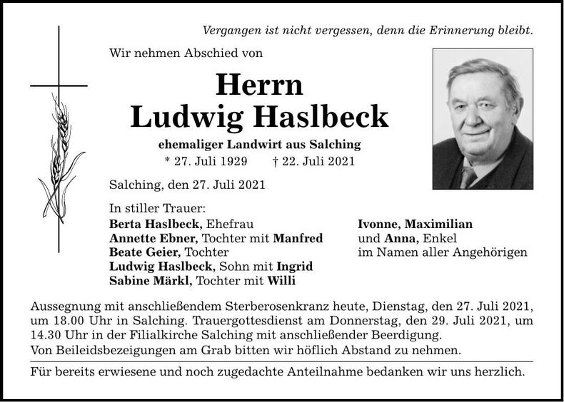 Traueranzeige Ludwig Haslbeck
