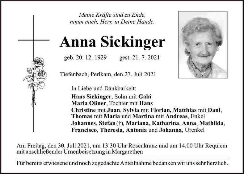 Traueranzeige Anna Sickinger
