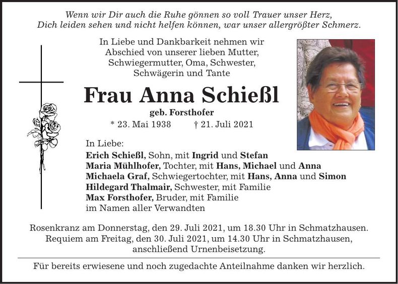 Traueranzeige Anna Schießl