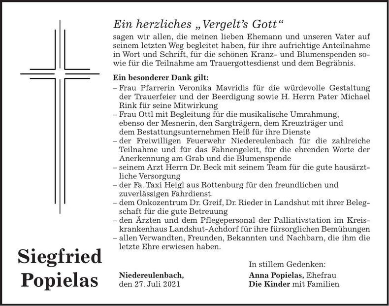 Traueranzeige Siegfried Popielas